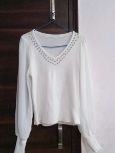 Elegant White V-Neck Studded Top