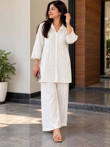 Elegant White Textured Button-Up Shirt cum Co-ord