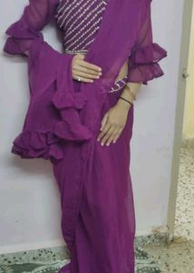 Saree With Beaded Purple Blouse