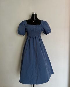 vintage Blue Smocked Puff Sleeve Dress