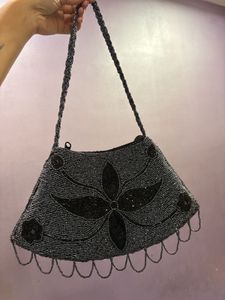 Gunmetal Floral Beaded Fringe Shoulder Bag.