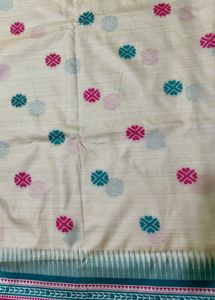 Elegant Off-White Saree with Pink &amp; Teal Motifs