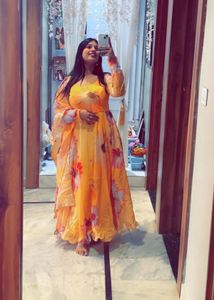 yellow organza anarkali gown with dupatta