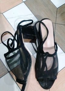 Black Lace-Up Mesh Heels