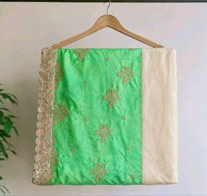 Beautiful Green &amp; Beige Embroidered Saree