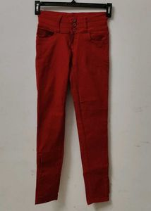 Red High-Waisted Button-Up Pants