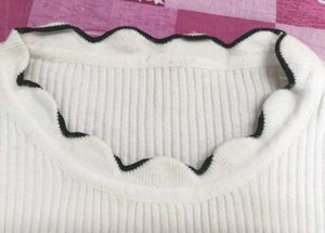 White Ribbed Long Sleeve Top with Scalloped Trim