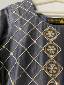 Metallic Grey Suit And Pant Set: Beads+Gota Patti