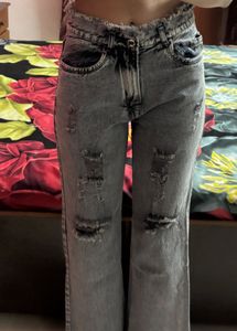Grey Wide Leg Frayed Jeans