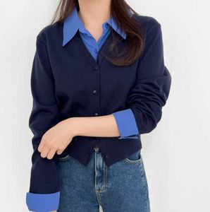 Chic Blue Knit Sweater with Layered Shirt Collar