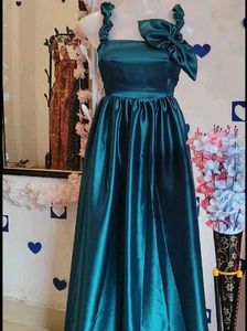combo Elegant Teal Satin Gown with Bow Detail