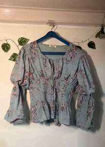 Blue Floral Smocked Peplum Top