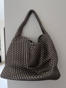 Stylish Woven Handbag with pouch - Dull Gold