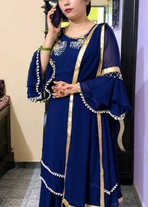Elegant Blue Kurta Set with Gold Trim