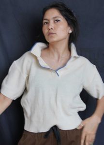 Cream Ribbed Polo Neck Top
