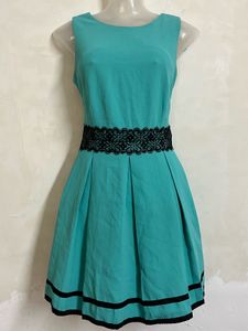 korean Teal Blue Fit &amp; Flare Dress with Black Lace