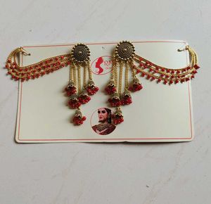 Gold &amp; Red Jhumka Ear Chain Earrings