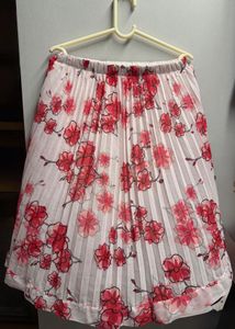 White and Pink pleated Floral Midi Skirt