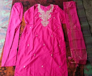 Vibrant Pink Embroidered Kurta Set with Dupatta