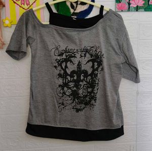 Grey Graphic Print Off-Shoulder Top