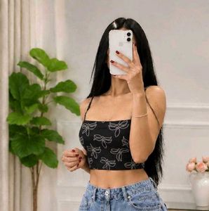 Black Bow Print Backless Lace-Up Crop Top for Wome