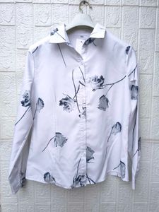 Korean Premium Chic White Rose Print Button-Up Shi