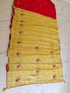 Vibrant Yellow Saree with Red Border