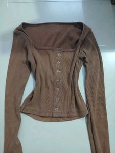 Brown Ribbed Square Neck Button-Up Top