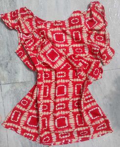 Red &amp; Beige Geometric Print Ruffle Top
