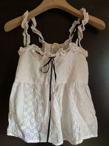 White Eyelet Ruffle Top with Black Ribbon Tie