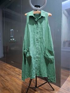 linen Green Sleeveless Collared Tunic Dress