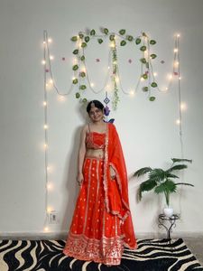 Vibrant Orange Sequin Lehenga Choli(semi stitched)