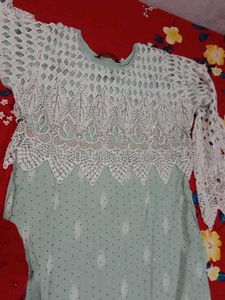 Elegant Mint Kurta Set with White Lace Overlay
