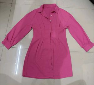 Vibrant Pink Button-Up Shirt Dress