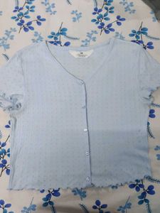 Baby Blue Ribbed Button-Up top