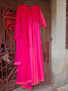 Woven Design Long Gown With Dupatta