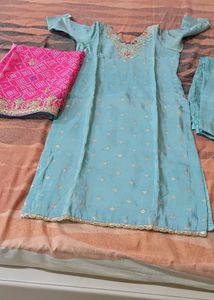 Beautiful Sky Blue Kurta Set with Pink Dupatta
