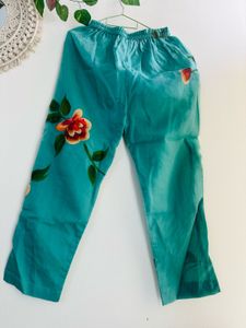 Teal Blue Handpainted Floral Anarkali pant set