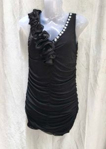 I. Chic Black Ruched Dress with Rhinestone Trim