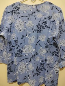 Karen Scott Blue Top With Black White Floral Print