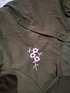 Olive Green Button-Up Dress with Floral Embroidery