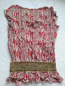 Red Patterned Smocked Top with Crochet Neck