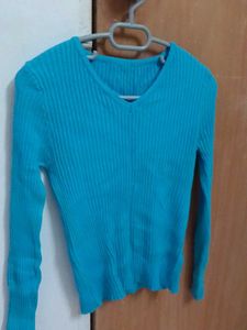 Blue Ribbed V-Neck Sweater