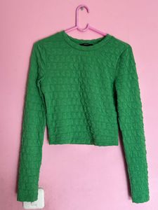 Green Textured Long Sleeve Top