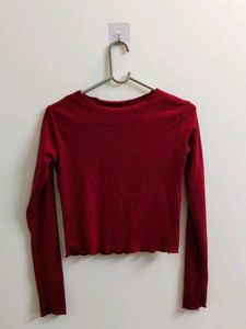 Maroon Long Sleeve Lettuce Hem Crop Top