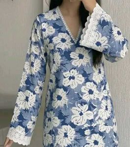 Blue Floral Print Kurta with Lace