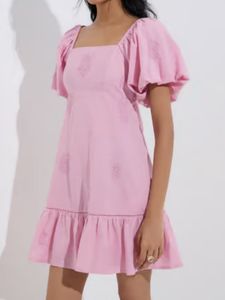 Chic Pink Embroidered Puff Sleeve Dress