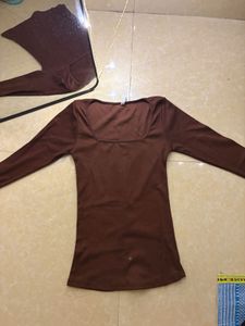 Brown Square Neck Long Sleeve Top