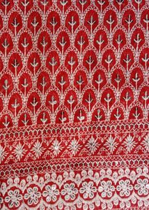 Reddish-orange Lucknowi Chikankari  Fabri