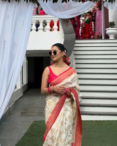Elegant Cream &amp; Red Banarasi Saree